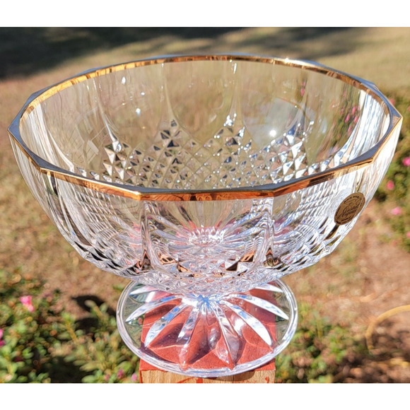 Cristal D'Arques France Footed Crystal Glass Bowl Gold Rim 8.25" Wide Diamond - Picture 3 of 12